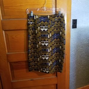 LuLaRoe Cassie.  Olive/black/blue print skirt. S.